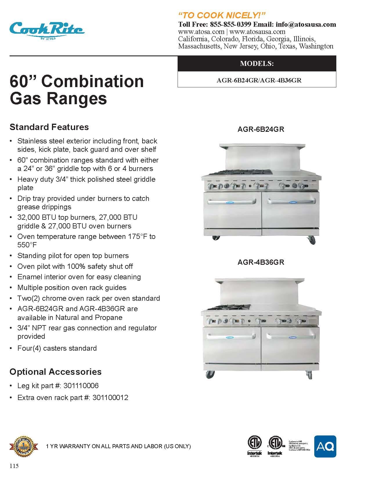 Cook Rite AGR-4B36GR — 60″ Gas Range with Four (4) Open Burners & 36″ Griddle Combination Range Atosa