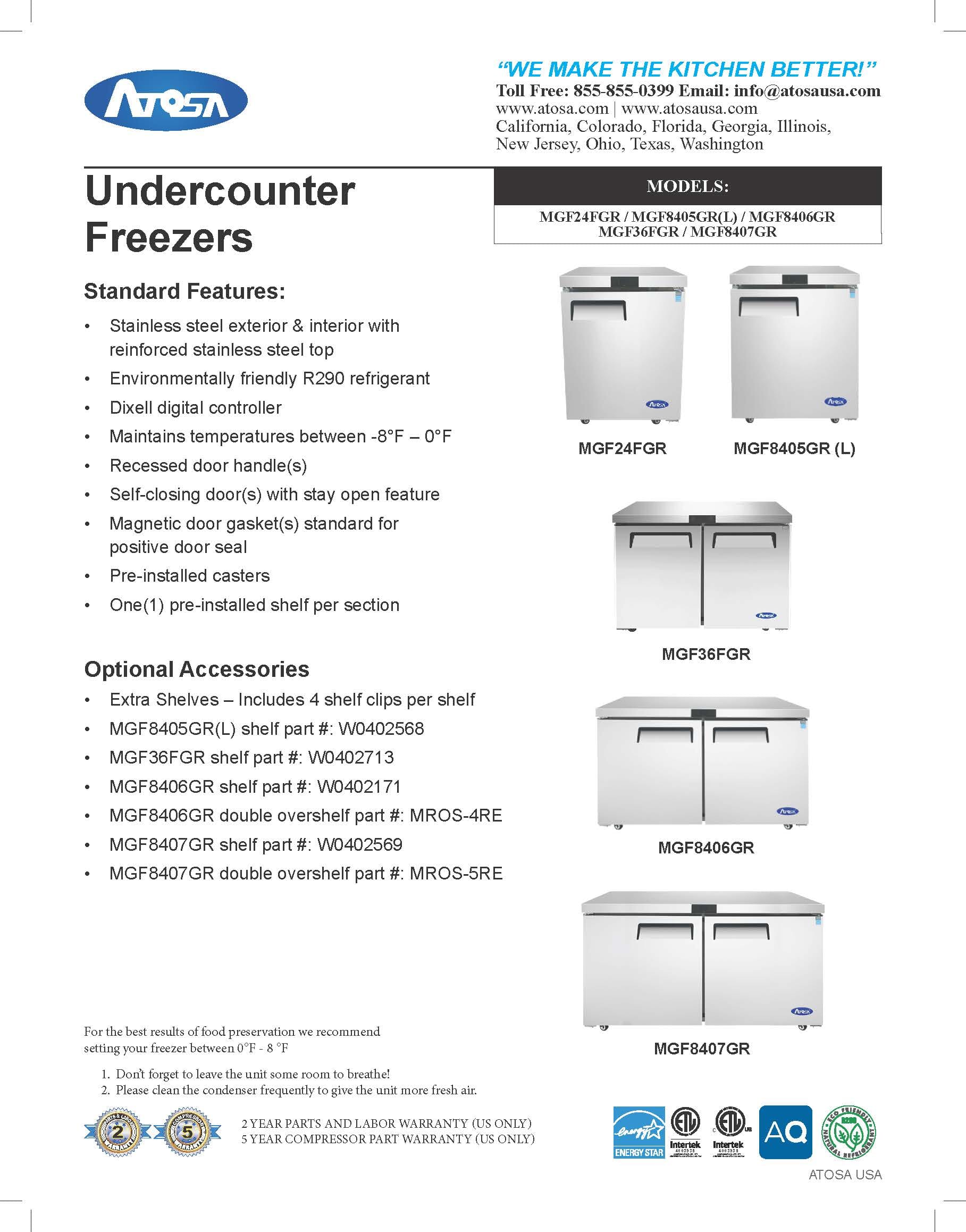 Atosa MGF24FGR 24" Double Door Undercounter Reach-in Freezer undercounter freezer Atosa 