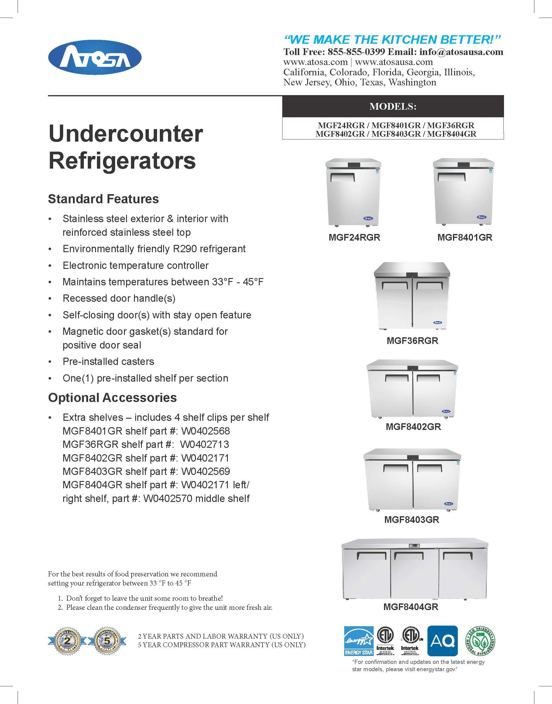 Atosa MGF24RGR 24" Single Door Undercounter Reach-in Refrigerator Undercounter Atosa 