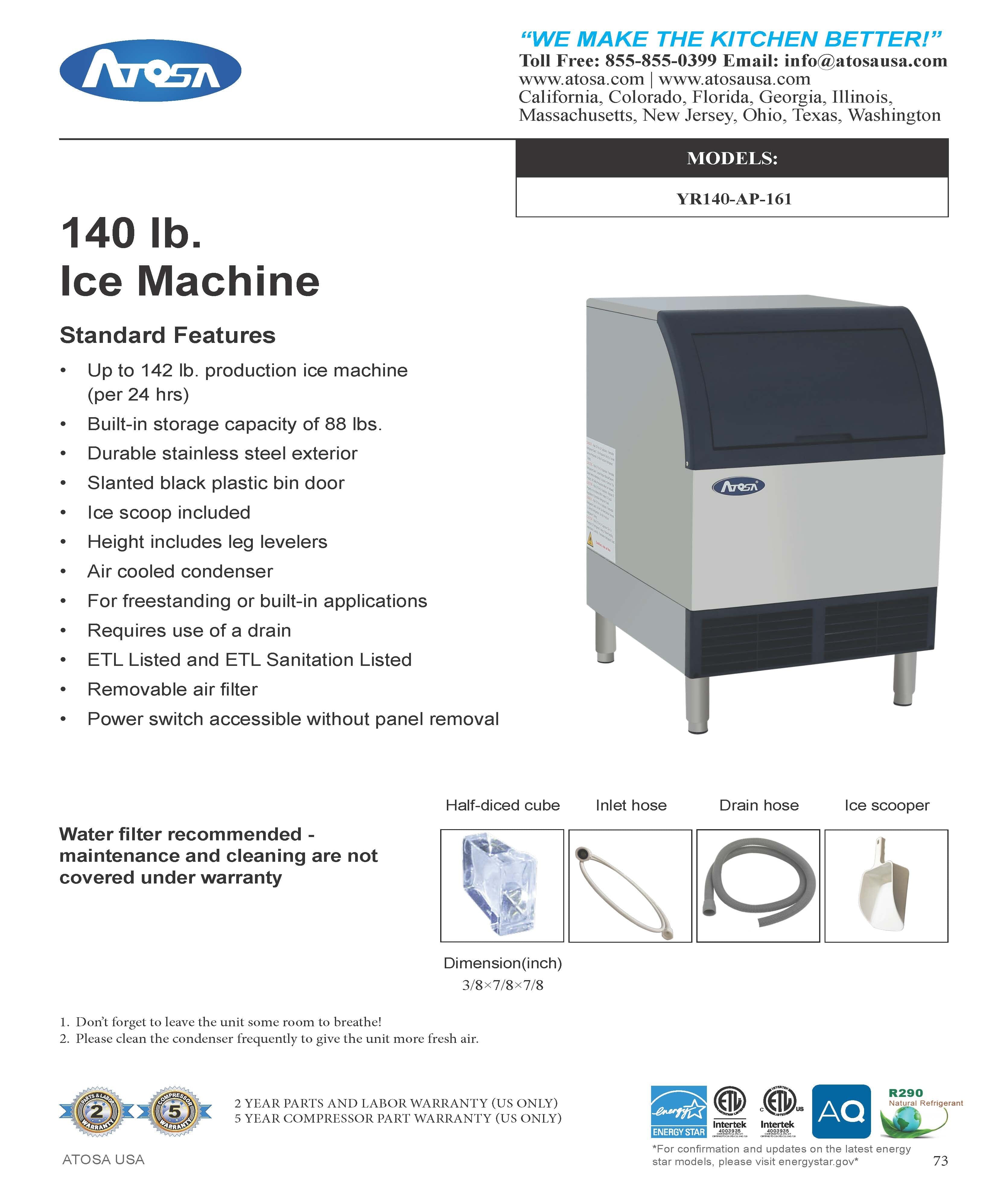 Atosa YR140-AP-161 Undercounter Cube-Style Self-Contained Ice Maker, 142lb/24hr With Built-In 88lb Storage Bin Ice Machine Atosa 