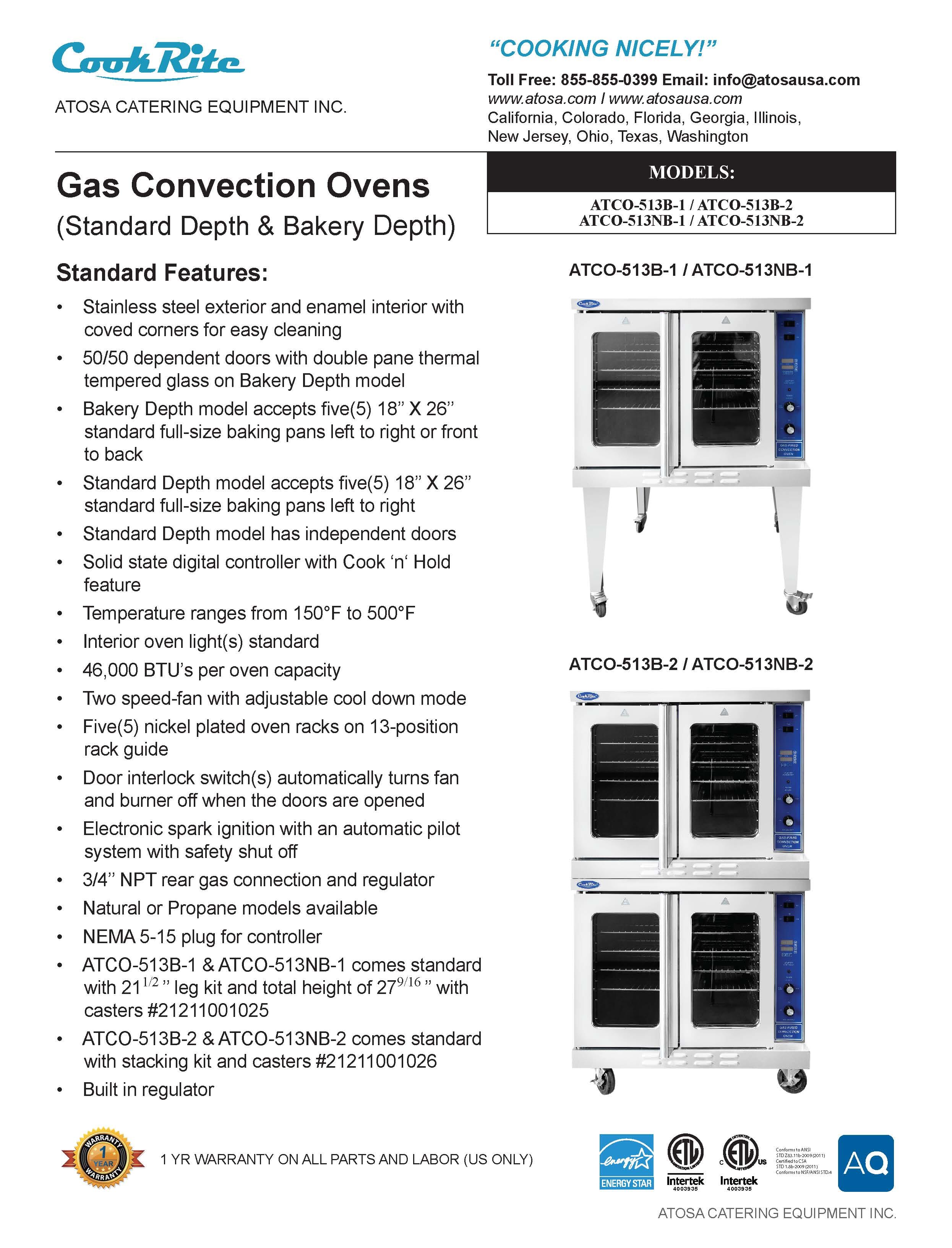 Cook Rite ATCO-513B-1 — Gas Convection Ovens (Standard Depth) Convection Oven Atosa 