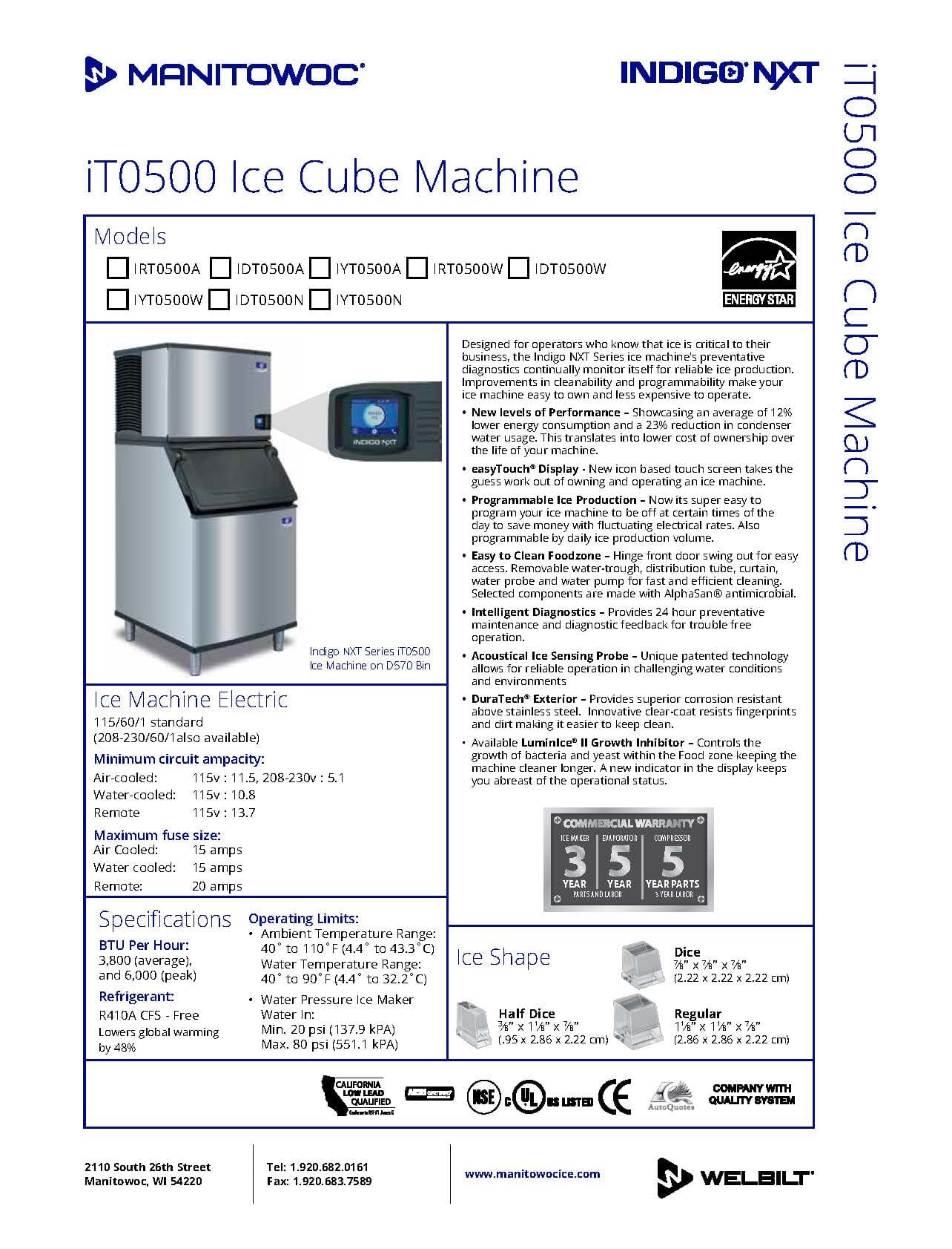 Manitowoc Ice IDT0500A/D570 520 lb Indigo NXT™ Full Cube Ice Machine w/ Bin - 532 lb Storage, Air Cooled Manitowoc 
