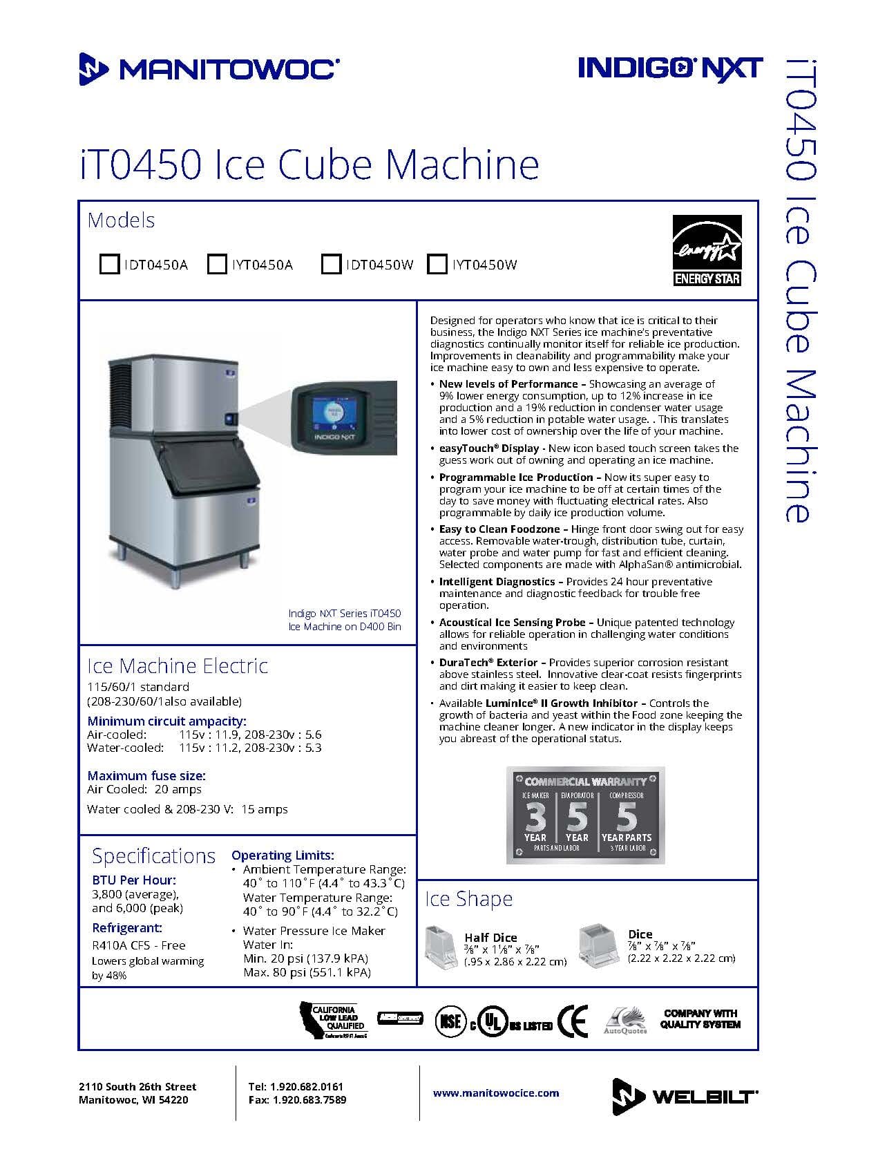 Manitowoc IYT0450A Indigo NXT 30" 490lb Air Cooled Half Dice Ice Machine Manitowoc 
