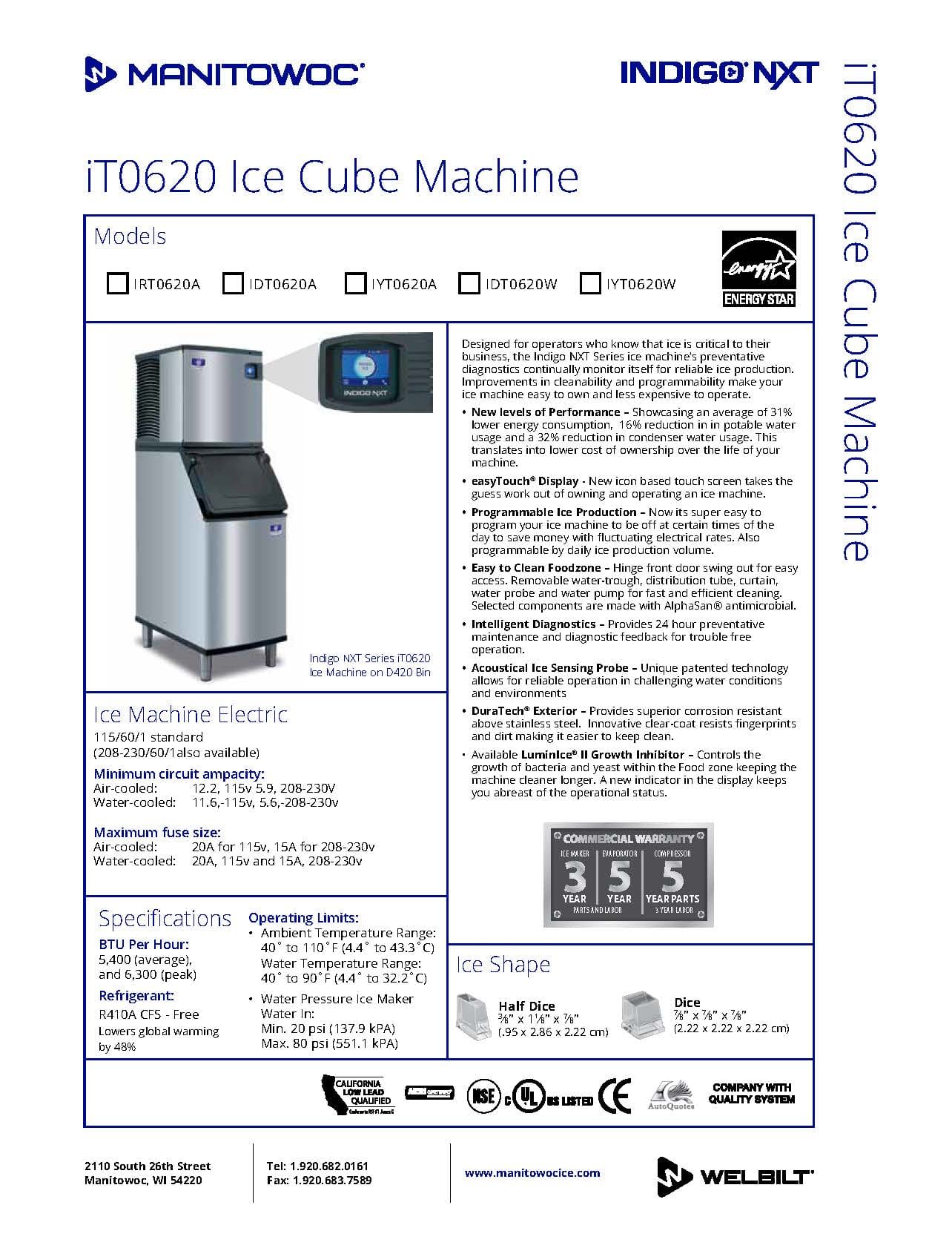 Manitowoc IYT0620A Indigo NXT 22" 575lb Air Cooled Half Dice Ice Machine Manitowoc 