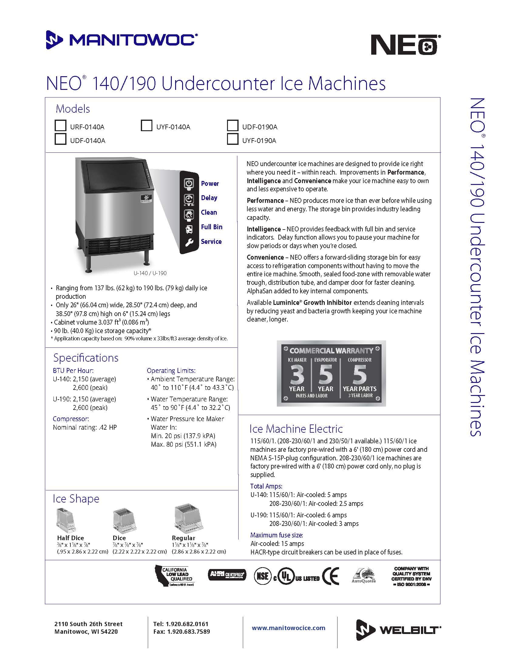 Manitowoc UYF0140A 137lb NEO Series Undercounter Half Dice Ice Machine Atosa 