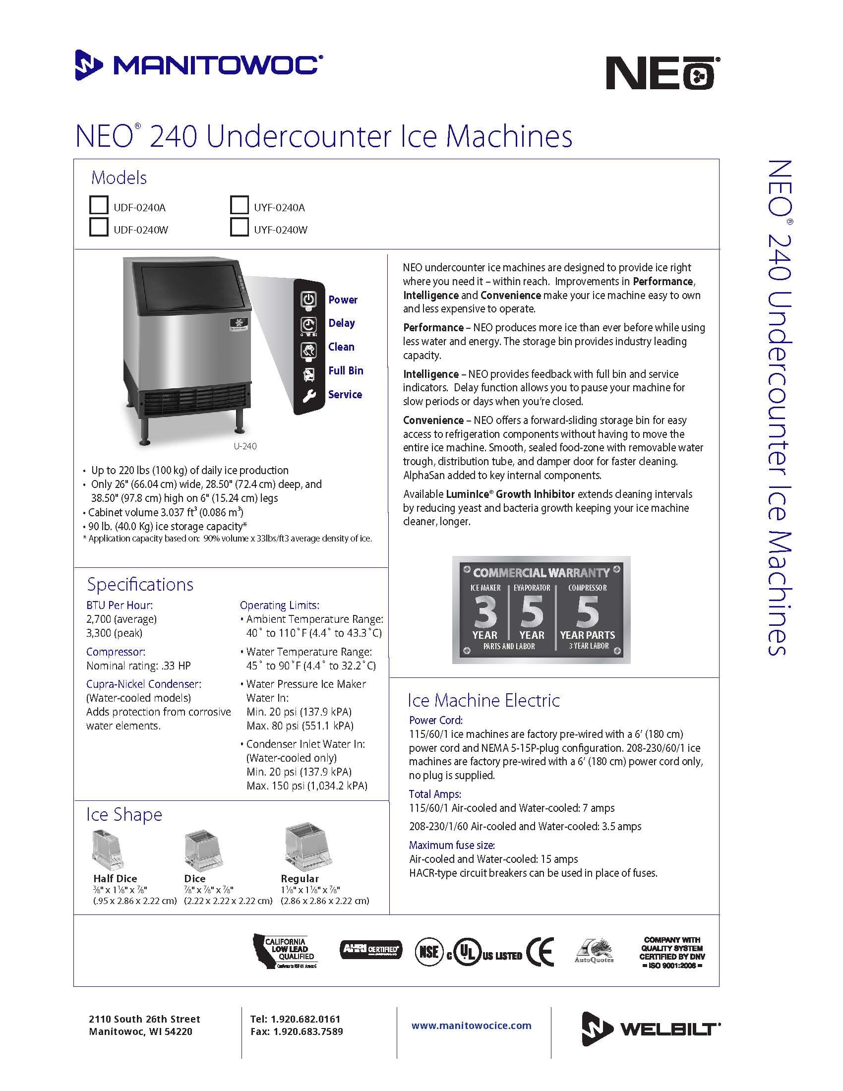 Manitowoc UYF0240A 219lb NEO Series Undercounter Half Dice Ice Machine Manitowoc 